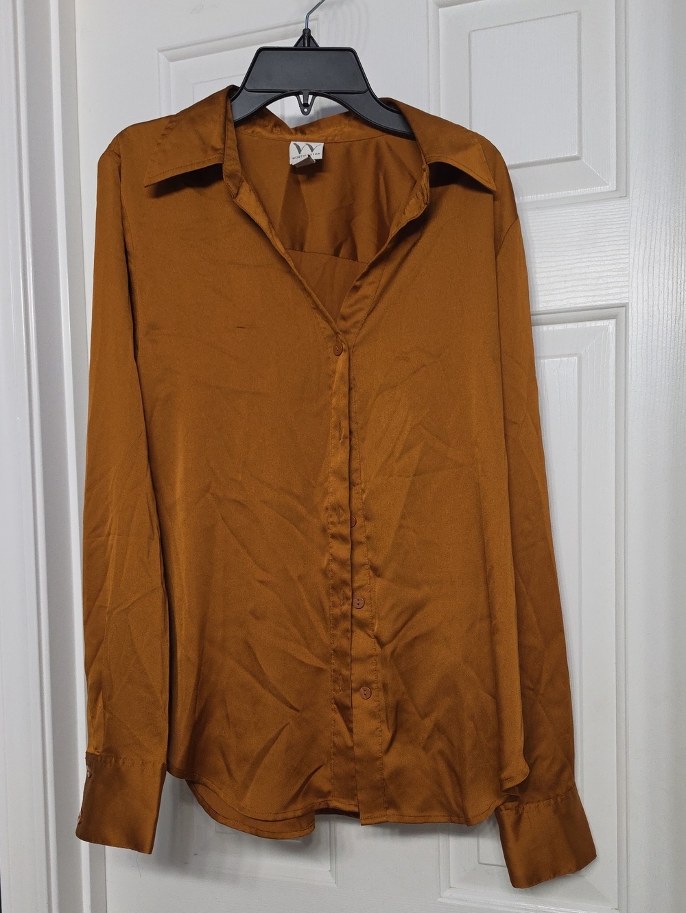 Worthington Satin-Like Button-Up Blouse in Rust Brown